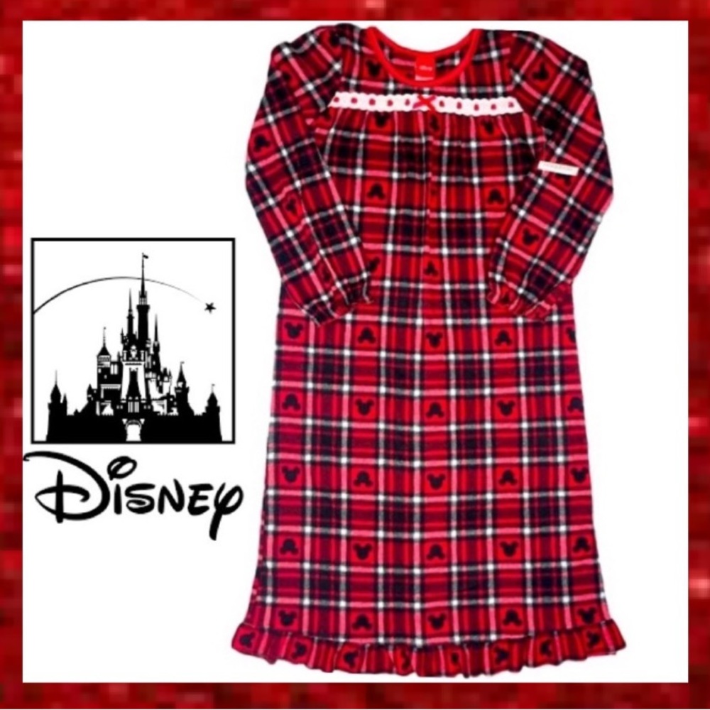 Disney Nightgown Lace Trim Bow Nightshirt Mickey Mouse Buffalo Plaid Tartan Red